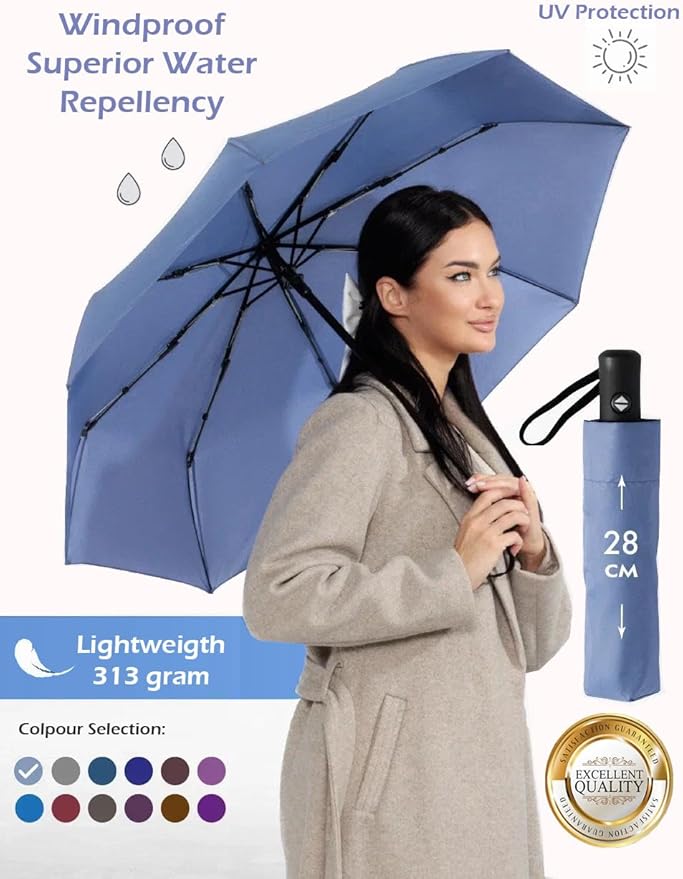 Windproof Travel Umbrella - Compact, Light, Full Automatic Open/Close - Folding Backpack Umbrella for Rain & Sun UV Preotection For Men & Women, Unbreakable 8 Fiberglass Ribs UK Design