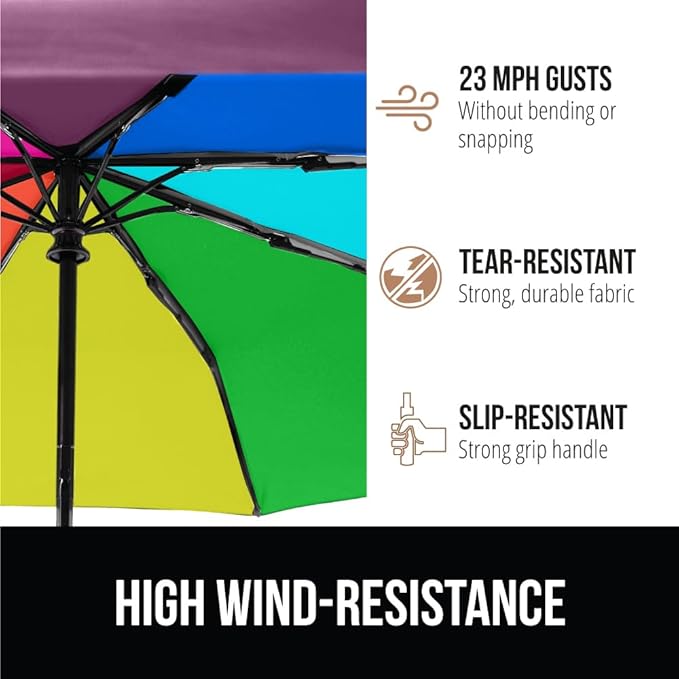 GORILLA GRIP Strong Windproof Stick Compact Umbrella for Rain, One-Click Automatic Open and Close, Durable Quick Dry Waterproof Material, Lightweight and Portable, Travel Size Fits Backpack, Rainbow