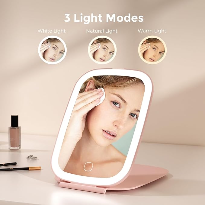 NEZZOE Rechargeable Travel Makeup Mirror with LED Light, 3 Lighting Modes, 7 x 5 Inch Foldable Vanity Mirror for Desk or On The Go, Pink