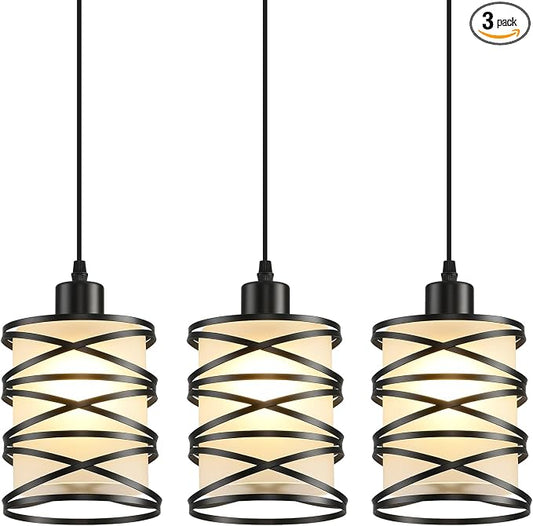 3 Pack Pendant Light Kitchen Island Pendant Lighting, Hanging Light with Spiral Cage Frosted Glass Shade, Black Modern Indoor Hanging Lamp