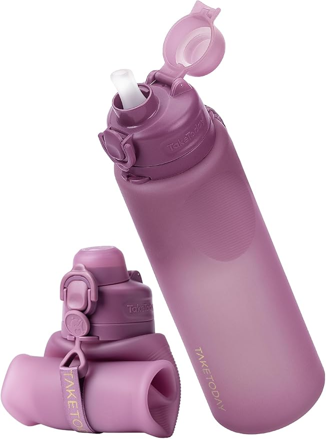 TakeToday Collapsible Water Bottles 32oz, Foldable Travel Bottle, TSA-Approved Leakproof Newly Silicone Water Bottle for Hiking, Travel, Outdoors, Purple