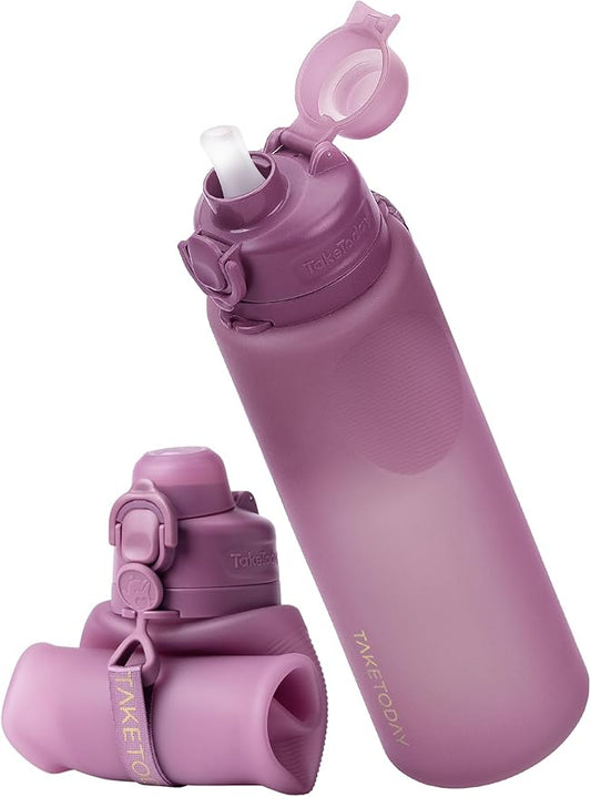 TakeToday Collapsible Water Bottles 32oz, Foldable Travel Bottle, TSA-Approved Leakproof Newly Silicone Water Bottle for Hiking, Travel, Outdoors, Purple