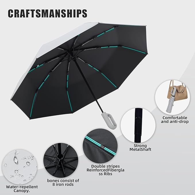 Compact Automatic Folding Travel Umbrella-Windproof Rainproof, PF50+ Sun Protection for Hiking,Outdoor,Chool,Golf Course & Daily Use,Sturdy Multi-Ribbed Frame