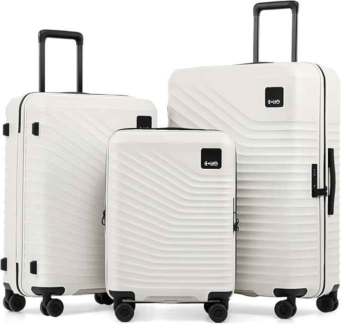 Coolife Luggage Suitcases Hardside Lightweight: Durable PC Expandable Travel 3 Piece Set with Dual Spinner Wheels & TSA Lock, 20/24/28 (20" Expandable) (White, 3-Piece Set (20/24/28))