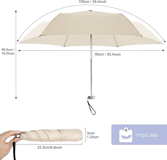 Lejorain Travel Mini Umbrella for Purse - Black Compact Durable Cool Teflon Light Weight Flat Backpacking Umbrella Portable Paraguas