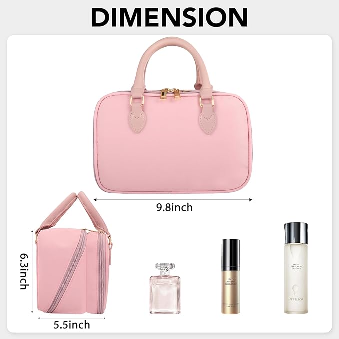 Travel Makeup Bag for Women Fashion Large Capacity Pouch Open Flat Cosmetic Portable Organizer Waterproof Large Opening Storage Toiletry Bags Vertical Free-Standing Brush Holder for Easy Access Pink