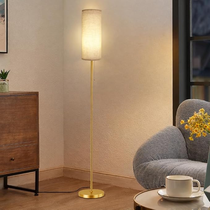 Ldeco Modern Floor Lamp for Living Room, Gold Standing Lamps with 3 Color Temperatures Bulb, Minimalist Tall Lamp with Chain Switch for Bedroom, LED Bulb Included(Beige Shade+Gold)