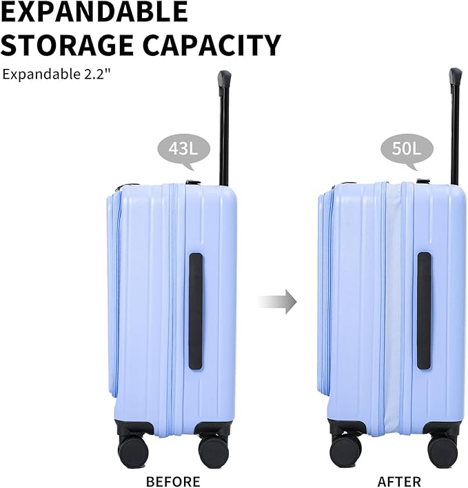 20 Inch Top Opening Carry On Luggage 22x14x9 Airline Approved Expandable With Spinner Wheels & Cup Holder,PC Hard Shell Lightweight Small Shitcase With Tsa Approved For Travel Women Men,Blue
