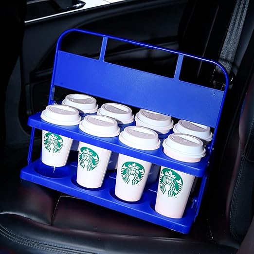 Bodaon 8 Cup Drink Carrier with Handle, Plastic Cup Carriers for Drinks, Drink Holder for Car, Take Out Delivery Drivers Accessories, Portable Foldable Reusable Mobile, Use for Food Delivery Bag, Blue