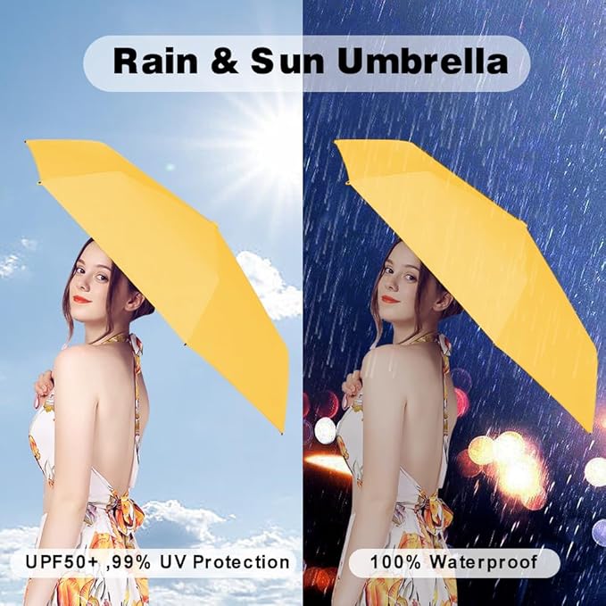 ESUFEIR Mini Sun Umbrella for Purse With Case, Small Compact UV Umbrella Travel Essentials, Lightweight Portable Parasol Windproof for Women Men Kids (Yellow)