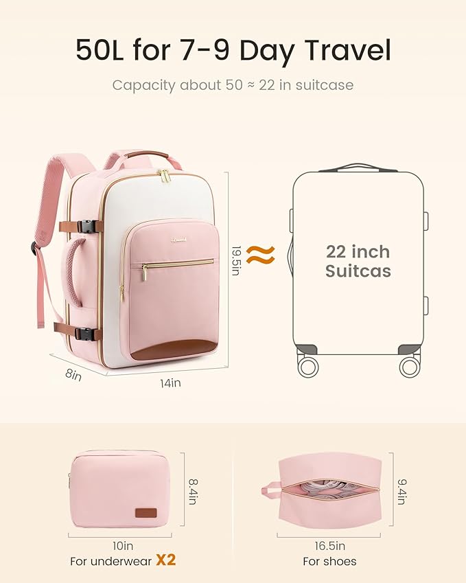 LOVEVOOK 50L Large Travel Backpack for Women, Carry on Backpack Airline Approved, Waterproof Travel Essentials fits 18" Laptop, TSA Personal Item Travels Bag Sports Backpack with 3 Packing Cubes