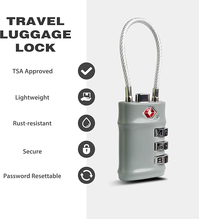 Suitcase Locks TSA Approved, Small Combination Cable Padlock, TSA Locks for Luggage, Combo Padlocks with Code for Backpack Zipper, Gym Locker, Ammo Can, Guitar Gun Case, Box (Black+Gray)