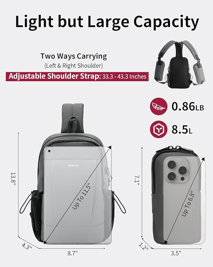 ECOHUB Anti-Theft Crossbody Bag Men Women, RFID Blocking Lightweight Sling Backpack Eco-Friendly with 9 Pockets Sturdy SBS Zippers Water Resistant for Travel Work Hiking Outdoor, Grey