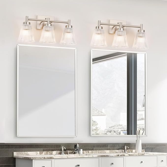 OCIOC Nickel Bathroom Vanity Light 3-Light Bathroom Light Fixtures Over Mirror Vanity Lighting Fixtures with Striped Glass Shade,17inch Modern Vanity Lights for Bathroom Wall Sconce Lights for Bedroom