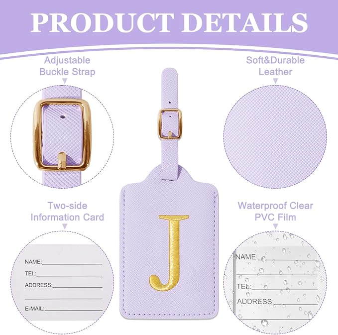 Personalized Initial Luggage Tags for Suitcases,Leather Letter Cute Luggage Tags with Privacy Name Card,Embroidered Monogrammed Travel Bag Backpack Tag Gifts for Women Kids Girls Teens(Purple-J)