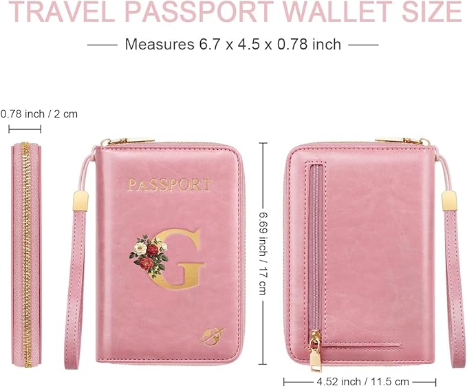 Passport Holder for Travel Personalized Passport Holder Initial Letter Rose Flower RFID Blocking Travel Wallets Credit Cards Holder for Women Men, Pink G