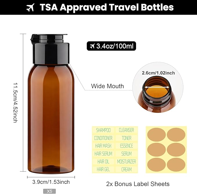 6 Pack 3.4oz Travel Bottles for Toiletries Leak Proof Travel Size Toiletries Wide Mouth Containers TSA Approved Squeeze Bottles with Flip Cap for Shampoo Conditioner Body Wash Lotion(Brown)