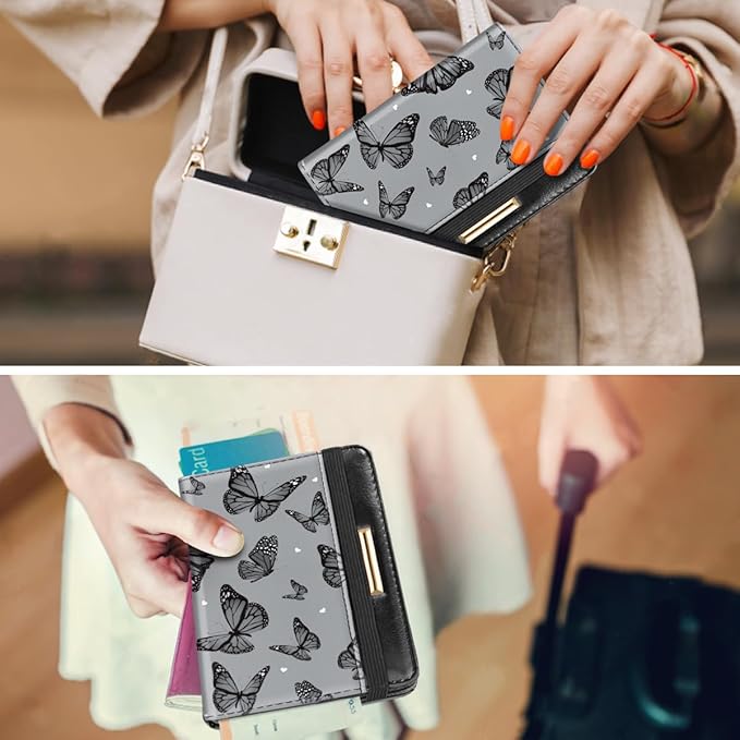 Passport Holder Cover,Traveling Passport Case Cute Passport Wallet for Women,Black Butterflies