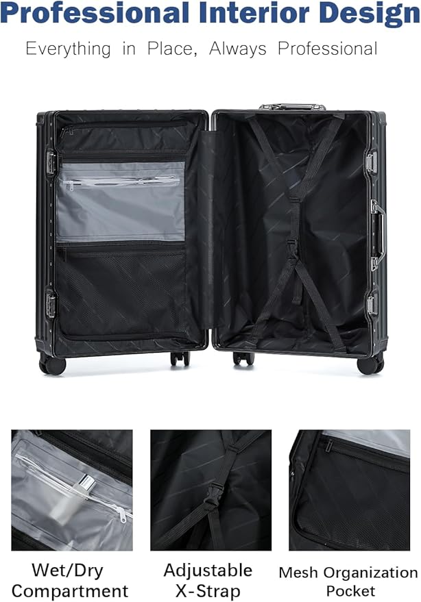 HotWay 24 Inch Aluminum Frame Luggage with Spinner Wheels, PC Hard Shell Suitcase with Cup Holder, Zipperless Luggage for Business Travel, Black