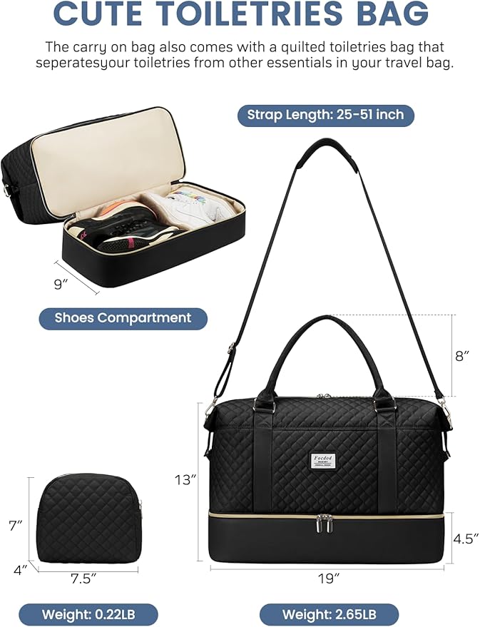 Travel Weekender Duffle Bags for Women: Overnight Bags with Shoe Compartment Large Carry on Weekend Bag with Toiletry & Wet Pocket Tote Duffel Bag Hospital Bag for Women Labor Delivery Black