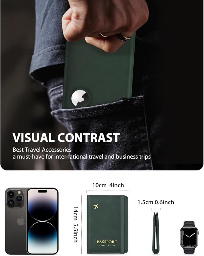 Stouchi Passport Holder with Airtag Slot, Airtag Passport Wallet for Men, Slim Leather Passport Holder Case Family for Travel Anti-Lost, Green