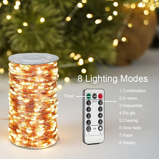 Plug in Long Fairy Lights with Remote 328FT 1000 LED Waterproof Warm White Copper Wire Twinkle String Lights for Indoor Outdoor Christmas Tree Bedroom Porch Wedding Birthday Party Girl's Room