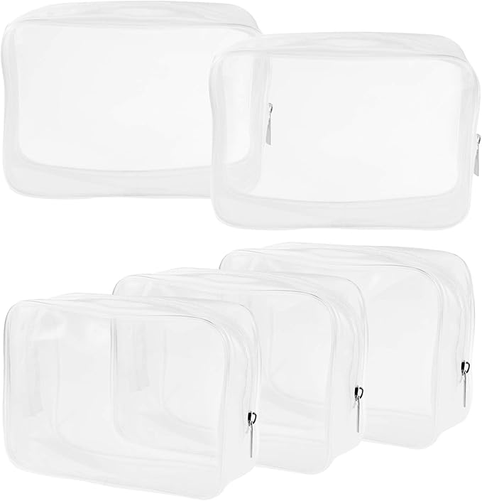 Wobe 5 Packs Clear Cosmetics Bag TSA Approved, PVC Zippered Toiletry Carry Pouch Portable Makeup Bag for Vacation Travel, Bathroom and Organizing Waterproof Makeup Vinyl Case (Large, White)