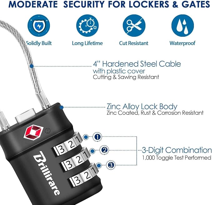 4 Pack TSA Approved Luggage Locks, Combination Travel Cable Lock, 3-Digit Waterproof Padlock, Zinc Alloy Outdoor Keyless Resettable Lock for Travel, Lockers, Bags, Backpack, Gym, Gate-by BRILLIRARE