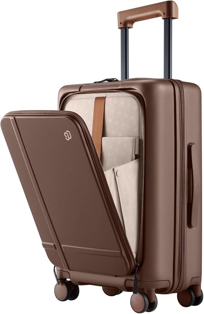 NINETYGO Carry On Luggage 22x14x9 Airline Approved, 20 Inch Suitcase with Front Compartment, Coffee-Infused PC Hard Shell, Eco-Friendly, Cup Holder, Clamshell, TSA Lock, Spinner Wheels (Latte)