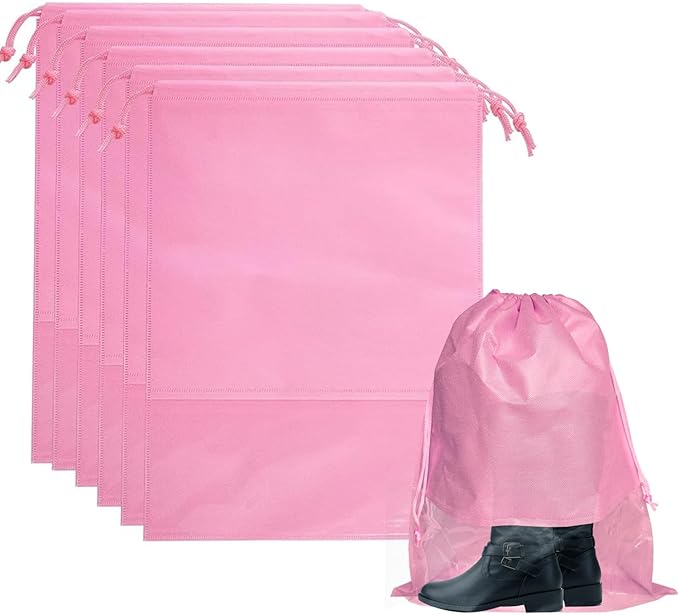 6 Pack Dust Bags for Purses and Handbags, Large Non-Woven Dustproof Drawstring Bags, Travel Shoe Bags, Purse Dust Bags for Storage with Transparent Slot - 15.7in X 19.6in, Pink