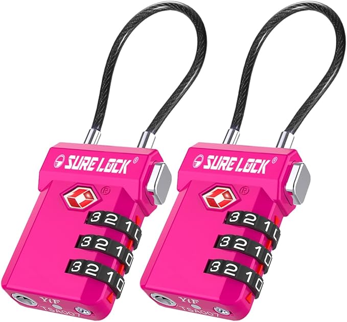SURE LOCK TSA Approved Luggage Locks – 3-Digit Combination Cable Lock with Red Indicator, Large Dial & Easy-Press Button for Suitcases and Backpacks – Multi-Pack & Color Options