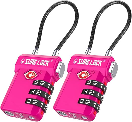 SURE LOCK TSA Approved Luggage Locks – 3-Digit Combination Cable Lock with Red Indicator, Large Dial & Easy-Press Button for Suitcases and Backpacks – Multi-Pack & Color Options