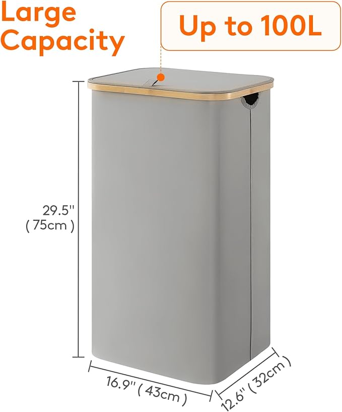 Lifewit 100L Laundry Basket with Lid, Clothes Hampers for Laundry with Bamboo Handles and 1 Removable Bag, Large Foldable Laundry Hamper for Bedroom, Bathroom, Dorm, Laundry Room, Silver Grey