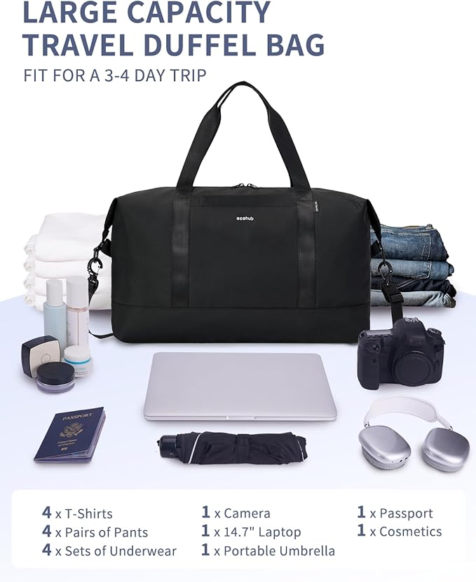 ECOHUB Travel Duffel Bag, Water Resistant Weekender Bag Carry On Bags for Women, Sport Gym Bags for Men, Hospital Bag for Labor and Delivery, Overnight Bag Luggage Bag with Trolley Sleeve, 30L Black