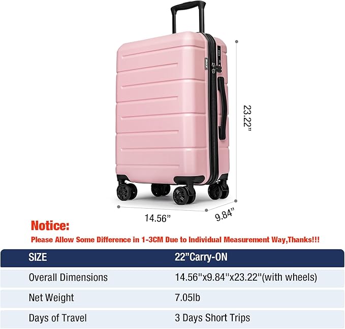 KYME Carry On Luggage 22x14x9 Airline Approved Hardshell Carry On Suitcases with Wheels Travel Rolling 20 Inch Luggage with Cup Holder for Women,Carry-on Pink