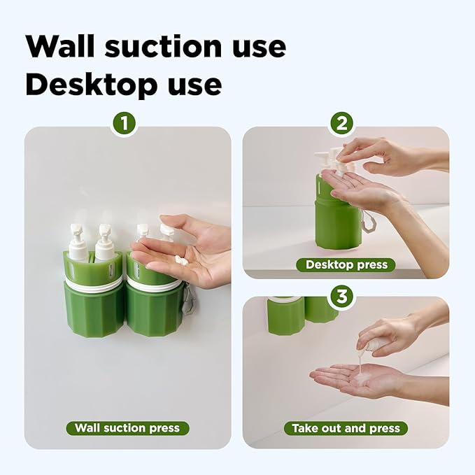 YOTIME 4 in 1 Travel Dispenser Bottle, Vacuum Silicone Suction Cup for Smooth Walls, TSA Approved Leak Proof Travel Size Containers for Toiletries, Shampoo, Body Wash and Conditioner, Green