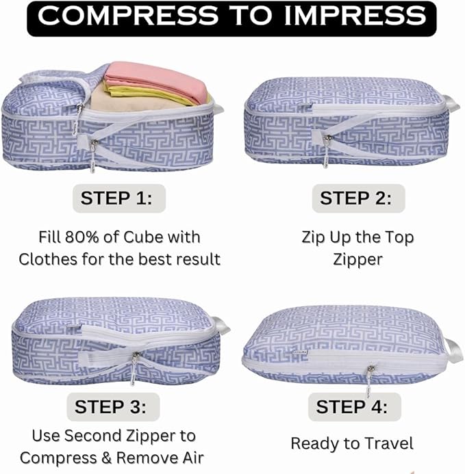Extra Large Compression Packing Cubes for Checked Luggage, Lightweight Suitcase Organizers & Space Saver Bags - Travel Cubes for Packing - Travel Essentials - 2 Piece Set, X-Large - Light Blue Boho