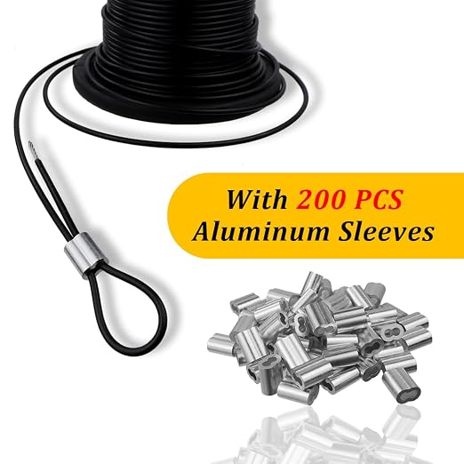 Vinyl Coated Wire Rope 304 Stainless Steel Coated Wire Cable-Black, 1/16" OD to 3/32" x 500FT, with 200 Pcs Crimping Sleeves-Cable for String Lights, Suitable for Clotheslines