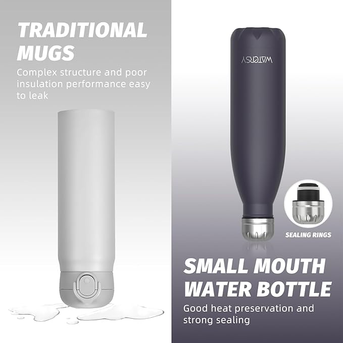 WATERSY Stainless Steel water bottles,17oz/500ml Insulated Water Bottles,Dark Purple metal water bottle Keeps Drink Cold and Hot,BPA Free kids water bottles for School,Gym,Travel,Sports