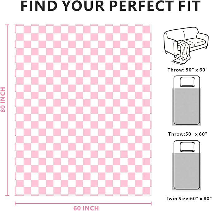 Pink Checkered Blanket, Ultra Soft Fleece Checkered Throw Blankets for Couch Bed and Travel, Luxury Throws for All Seasons, 60x80 Inch, Pink