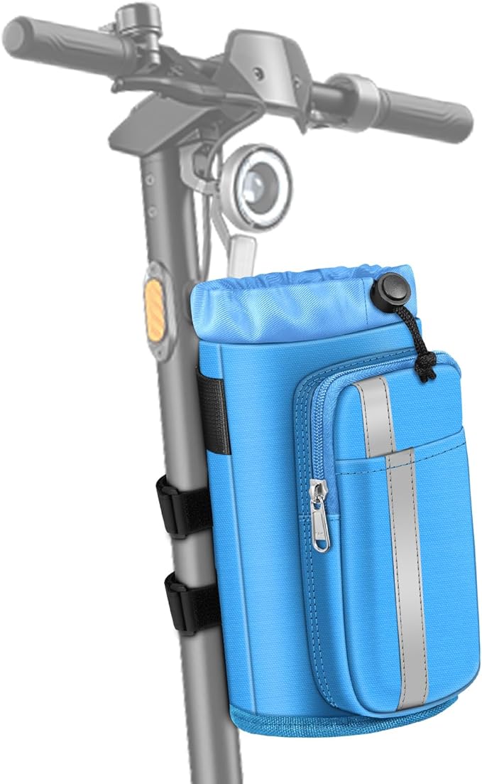 FINPAC Cup Holder for Bike, Universal Water Bottle Holder with Phone Pockets for Stroller Walker Golf Cart Rollator and Scooter, Outdoor, Biking - Blue