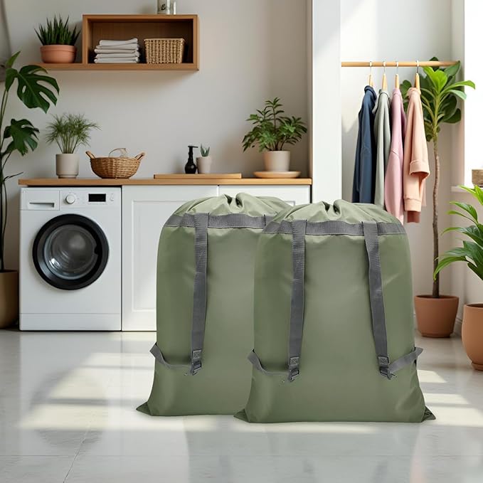 2 Pack Laundry Bag Backpack, 27” x 34”Sturdy Laundry Bag with Shoulder Straps Drawstring Closure Heavy Duty Foldable Laundry Backpack for College, Travel, Laundromat, Apartment (Army Green)