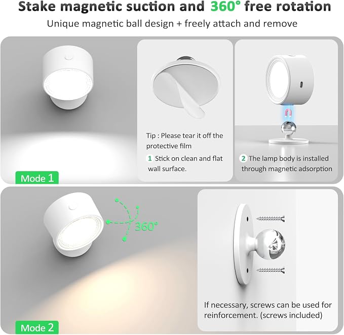 Racokky LED Wall Lights 3 Pcs with Remote, Wall Sconces Lamp 3000mAh Rechargeable Battery Operated, 3 Color Temperatures & Dimmable Magnetic 360° Rotation Cordless Light for Bedroom Reading(White)
