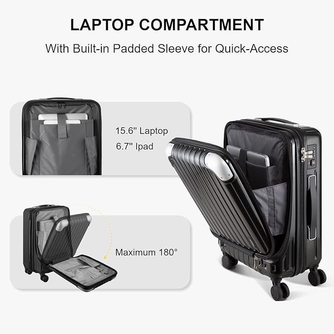 LEVEL8 Lightweight Carry-on Suitcase 20-Inch,Expandable 4 Wheel Hand Luggage, ABS+Poly-Carbonate Hardshell Spinner Trolley for Luggage with Double TSA-Approved Locks, Black, 37*24*55.5CM, Casual and
