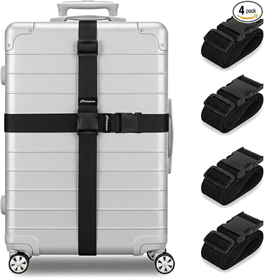 Luggage Straps for Suitcases, Adjustable Travel Suitcase Belts with Buckle Closure, Designed for Carry-On and Checked Luggage, Reusable Travel Accessory, Black - Pack of 4