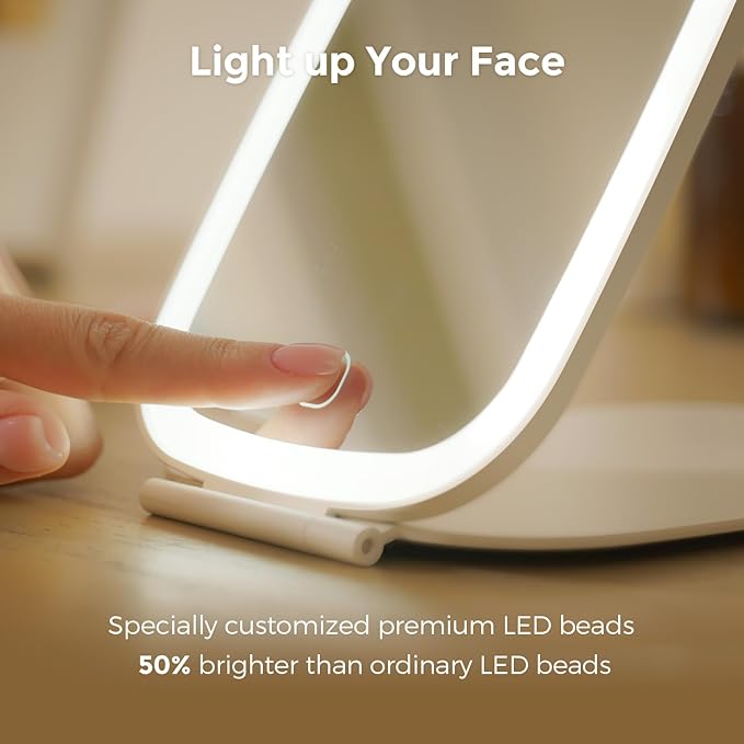 NEZZOE Travel Mirror with LED Light, Rechargeable Portable Lighted Makeup Mirror, 3 Lighting Modes Dimmable Touch Control, Foldable Compact Vanity Mirror for Travel Tabletop, 7x5 Inch