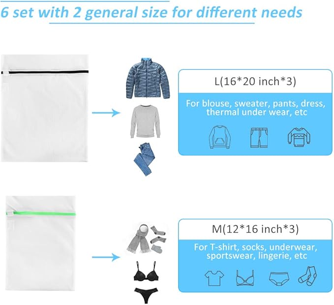 GOGOODA Mesh Laundry Bags for Delicates Durable Protective Wash Bags Travel Storage Bags for Intimates Lingerie, 6PCS （3L,3M）