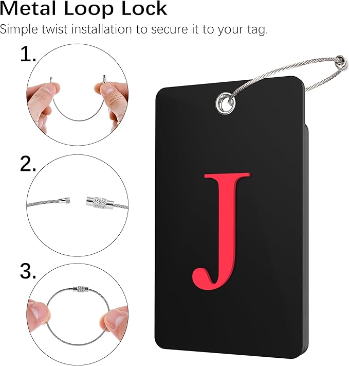 Gostwo 2 Pack Luggage Tags for Suitcases, 26 Initial Letter Travel Luggage Baggage Identification Labels ID Tag Fully Bendable Tags with Stainless Steel Loop (Black) (Letter J)