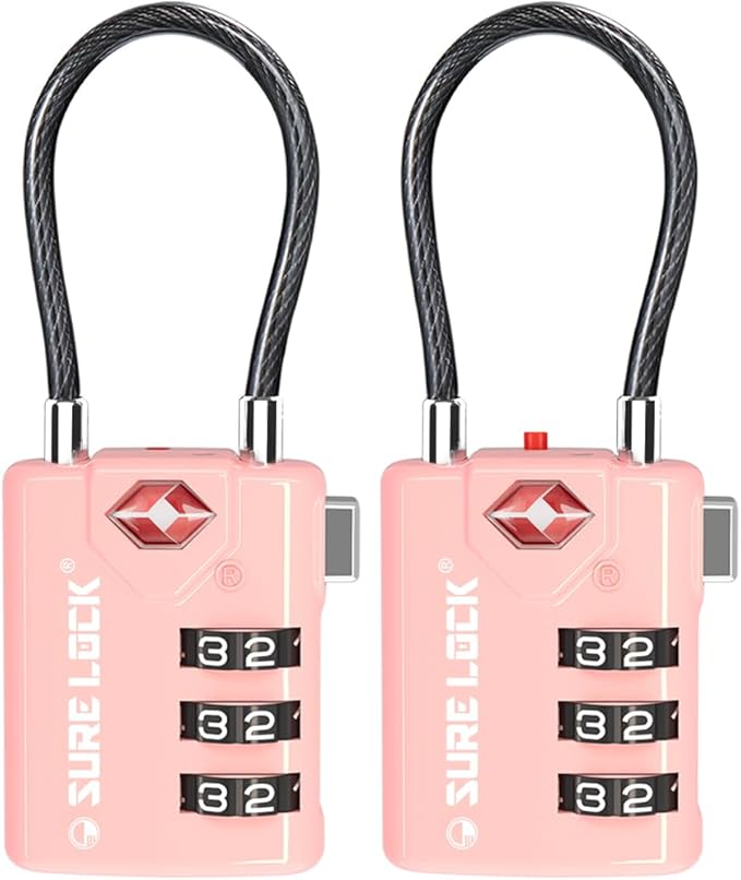 SURE LOCK TSA Approved Combination Luggage Locks with Open Alert Indicator – Durable Zinc Alloy Cable Travel Locks with Large Easy-Read Dials for Suitcases, Backpacks & Gym Bags(2, Pink 2 Pack)
