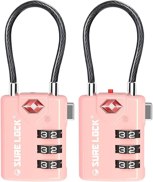 SURE LOCK TSA Approved Combination Luggage Locks with Open Alert Indicator – Durable Zinc Alloy Cable Travel Locks with Large Easy-Read Dials for Suitcases, Backpacks & Gym Bags(2, Pink 2 Pack)